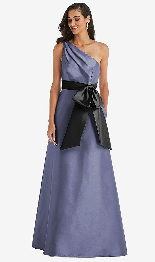 Front View - French Blue & Black One-Shoulder Bow-Waist Maxi Dress with Pockets