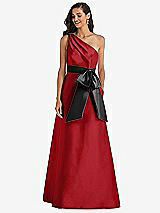 Front View Thumbnail - Garnet & Black One-Shoulder Bow-Waist Maxi Dress with Pockets