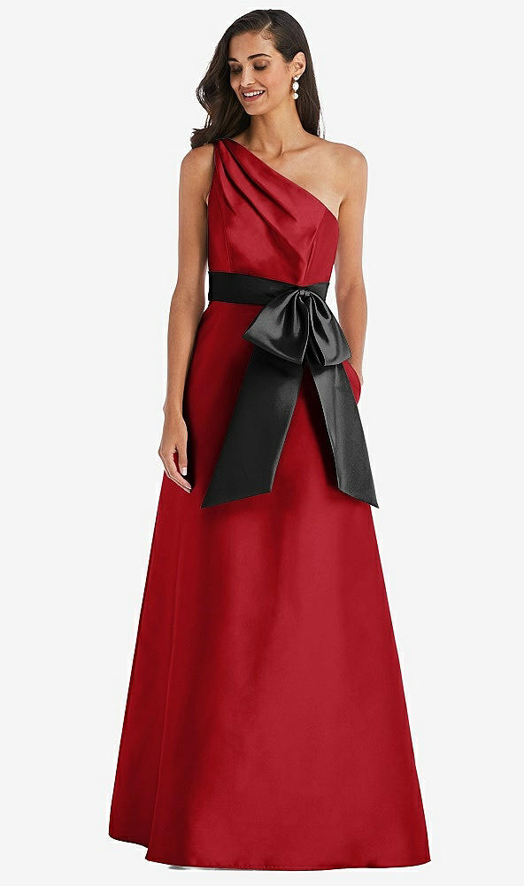 Front View - Garnet & Black One-Shoulder Bow-Waist Maxi Dress with Pockets