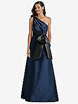 Front View Thumbnail - Midnight Navy & Black One-Shoulder Bow-Waist Maxi Dress with Pockets