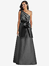 Front View Thumbnail - Pewter & Black One-Shoulder Bow-Waist Maxi Dress with Pockets