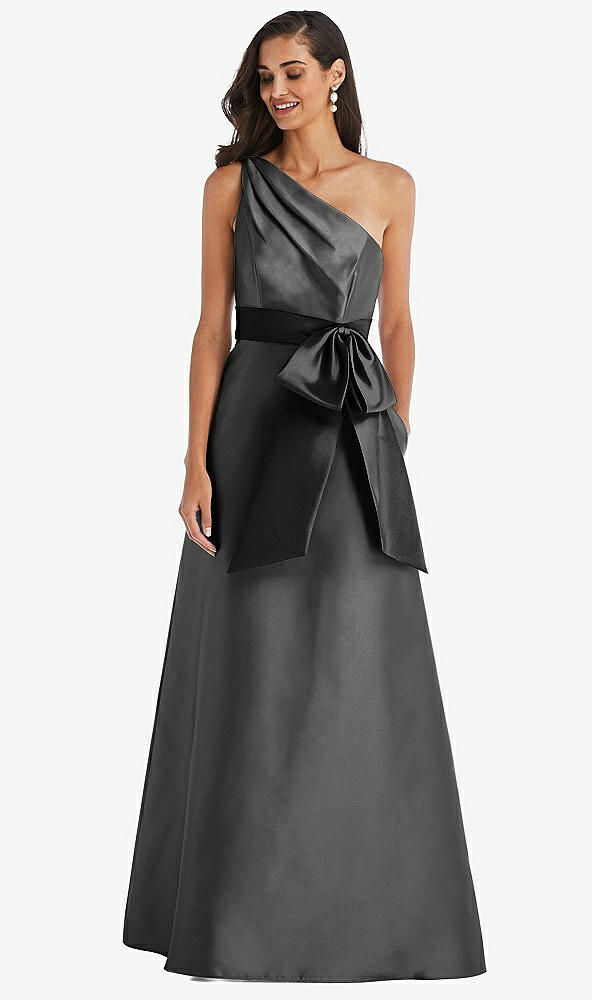 Front View - Pewter & Black One-Shoulder Bow-Waist Maxi Dress with Pockets