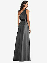 Rear View Thumbnail - Pewter & Black One-Shoulder Bow-Waist Maxi Dress with Pockets