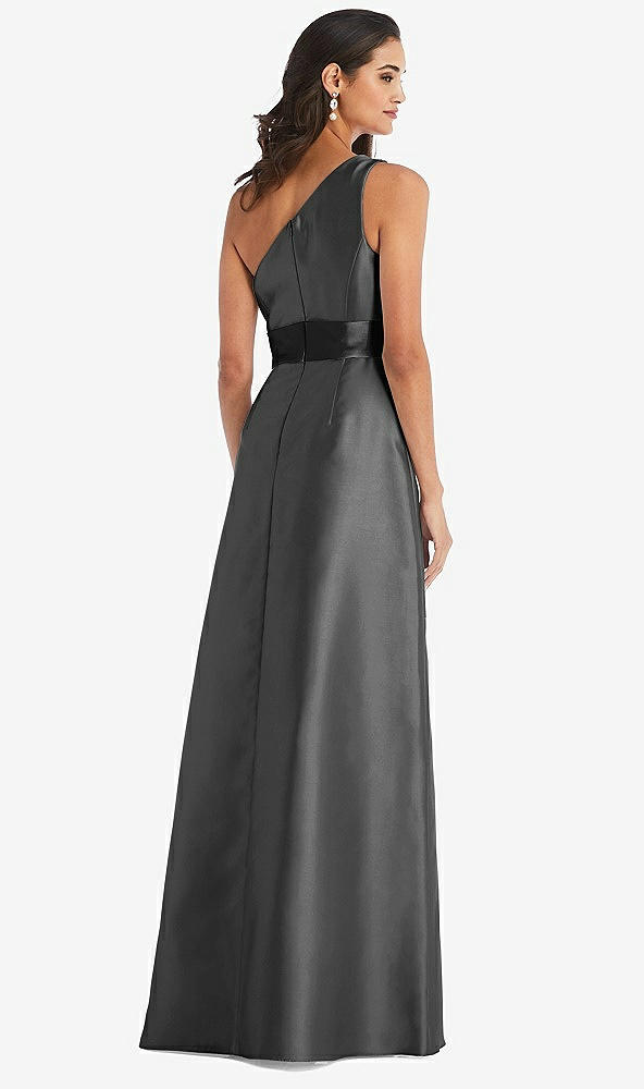 Back View - Pewter & Black One-Shoulder Bow-Waist Maxi Dress with Pockets