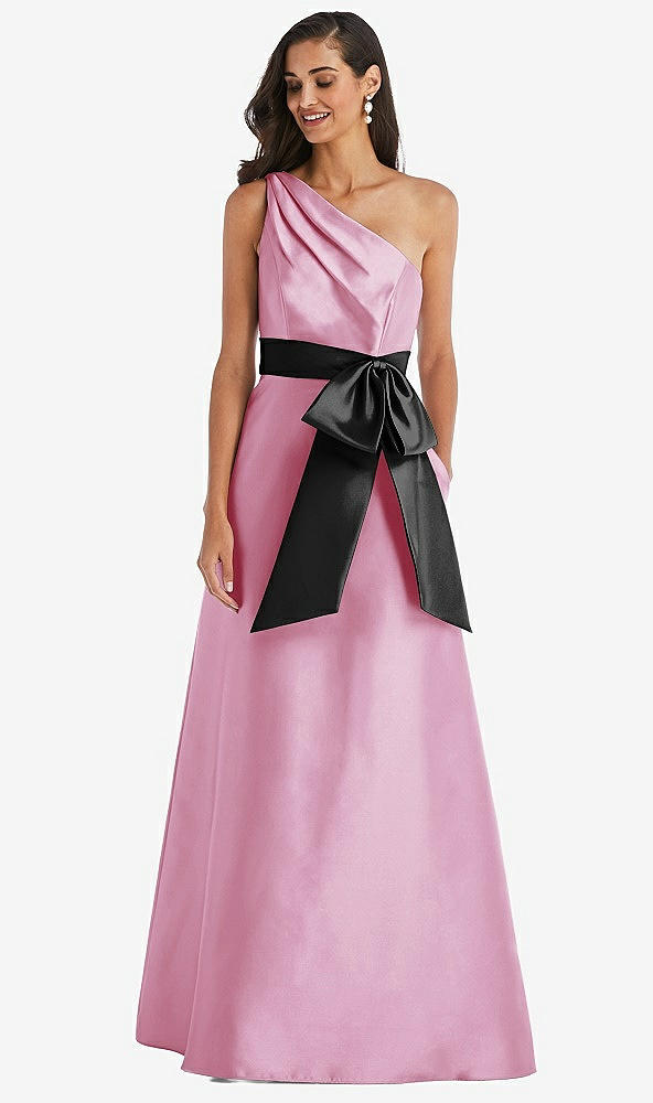 Front View - Powder Pink & Black One-Shoulder Bow-Waist Maxi Dress with Pockets