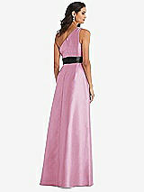 Rear View Thumbnail - Powder Pink & Black One-Shoulder Bow-Waist Maxi Dress with Pockets