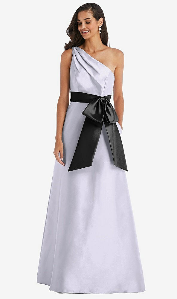 Front View - Silver Dove & Black One-Shoulder Bow-Waist Maxi Dress with Pockets