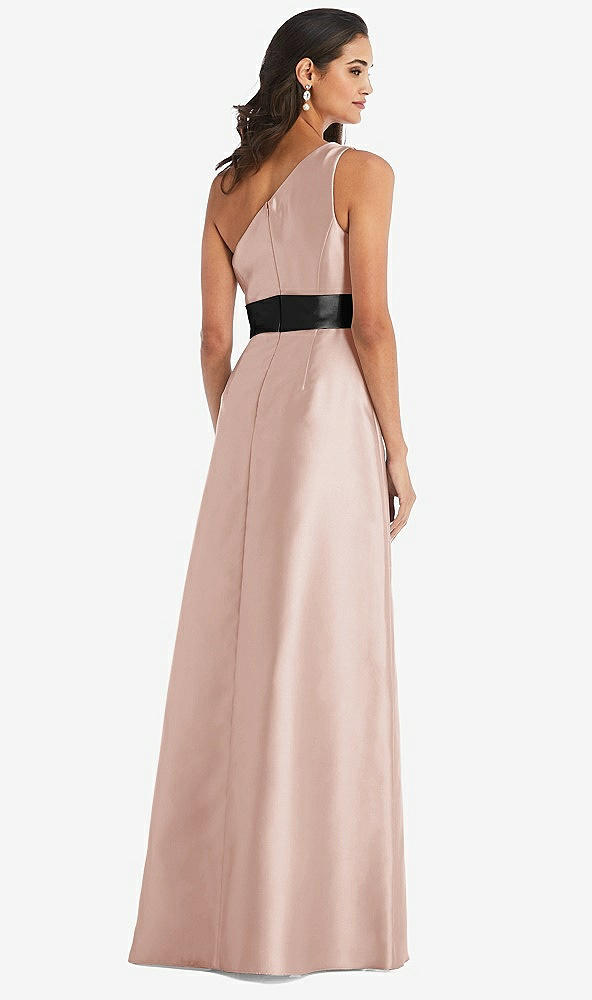 Back View - Toasted Sugar & Black One-Shoulder Bow-Waist Maxi Dress with Pockets