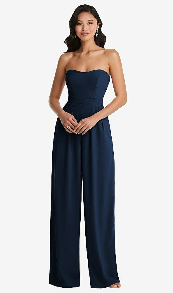 Front View - Midnight Navy Strapless Pleated Front Jumpsuit with Pockets