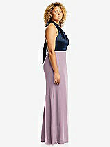Side View Thumbnail - Suede Rose & Midnight Navy High-Neck Open-Back Maxi Dress with Scarf Tie