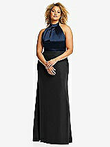 Front View Thumbnail - Black & Midnight Navy High-Neck Open-Back Maxi Dress with Scarf Tie