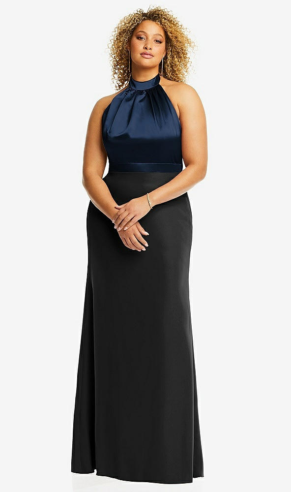 Front View - Black & Midnight Navy High-Neck Open-Back Maxi Dress with Scarf Tie
