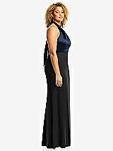 Side View Thumbnail - Black & Midnight Navy High-Neck Open-Back Maxi Dress with Scarf Tie