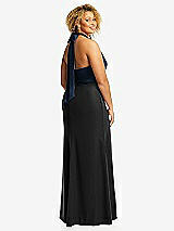 Rear View Thumbnail - Black & Midnight Navy High-Neck Open-Back Maxi Dress with Scarf Tie