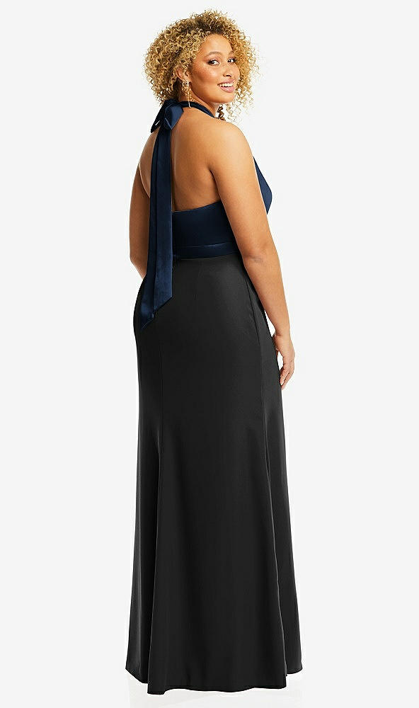 Back View - Black & Midnight Navy High-Neck Open-Back Maxi Dress with Scarf Tie