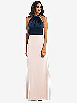 Alt View 1 Thumbnail - Blush & Midnight Navy High-Neck Open-Back Maxi Dress with Scarf Tie