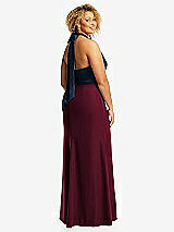 Rear View Thumbnail - Cabernet & Midnight Navy High-Neck Open-Back Maxi Dress with Scarf Tie