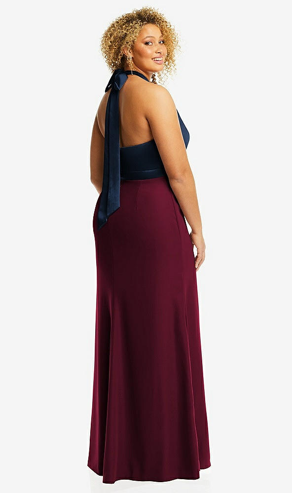 Back View - Cabernet & Midnight Navy High-Neck Open-Back Maxi Dress with Scarf Tie