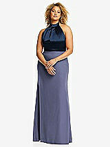 Front View Thumbnail - French Blue & Midnight Navy High-Neck Open-Back Maxi Dress with Scarf Tie