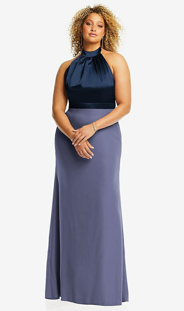 Front View - French Blue & Midnight Navy High-Neck Open-Back Maxi Dress with Scarf Tie