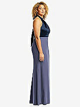 Side View Thumbnail - French Blue & Midnight Navy High-Neck Open-Back Maxi Dress with Scarf Tie
