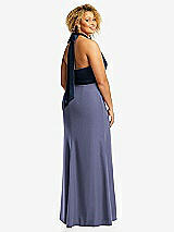 Rear View Thumbnail - French Blue & Midnight Navy High-Neck Open-Back Maxi Dress with Scarf Tie