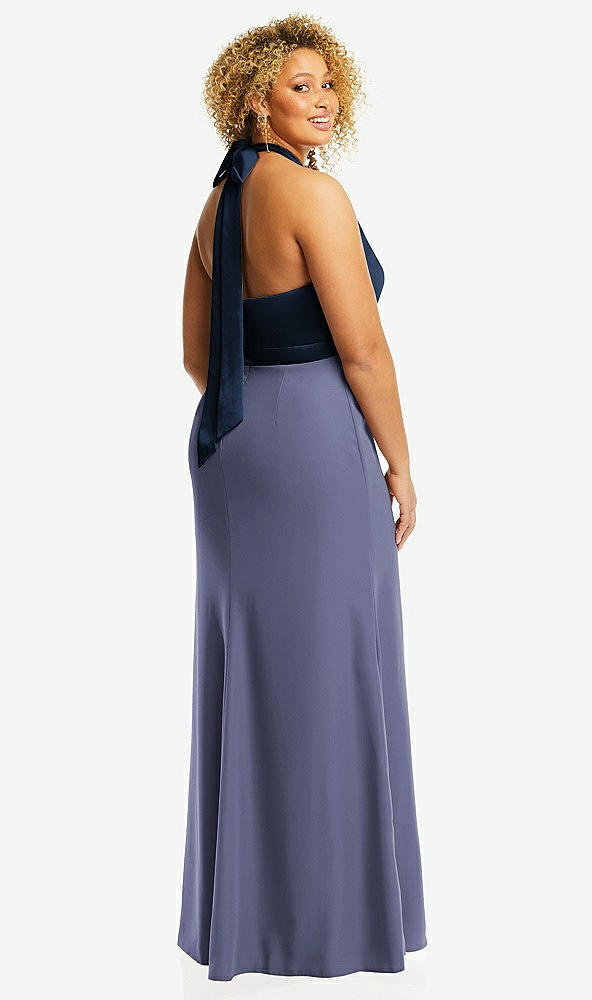Back View - French Blue & Midnight Navy High-Neck Open-Back Maxi Dress with Scarf Tie