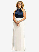 Front View Thumbnail - Ivory & Midnight Navy High-Neck Open-Back Maxi Dress with Scarf Tie