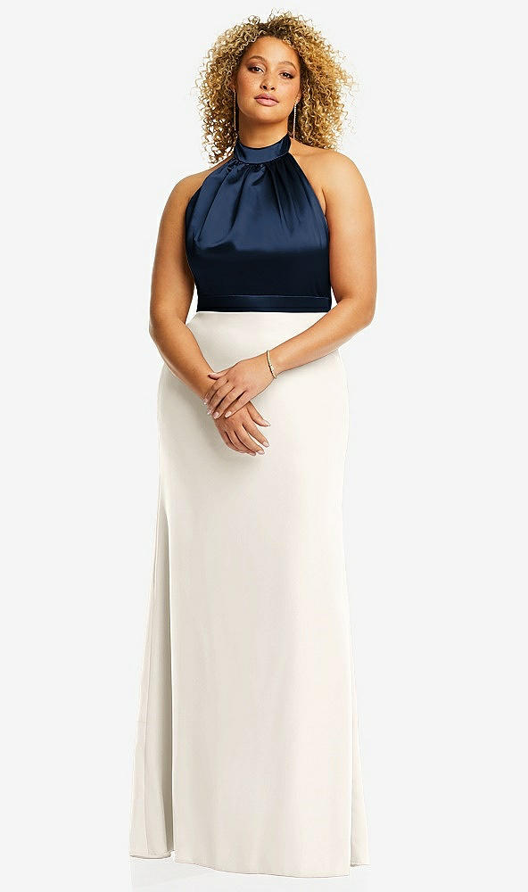 Front View - Ivory & Midnight Navy High-Neck Open-Back Maxi Dress with Scarf Tie