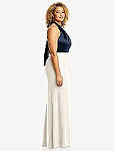Side View Thumbnail - Ivory & Midnight Navy High-Neck Open-Back Maxi Dress with Scarf Tie