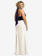 Rear View Thumbnail - Ivory & Midnight Navy High-Neck Open-Back Maxi Dress with Scarf Tie
