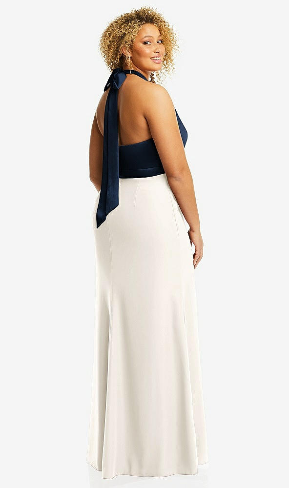 Back View - Ivory & Midnight Navy High-Neck Open-Back Maxi Dress with Scarf Tie