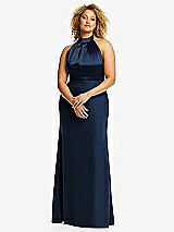 Front View Thumbnail - Midnight Navy & Midnight Navy High-Neck Open-Back Maxi Dress with Scarf Tie