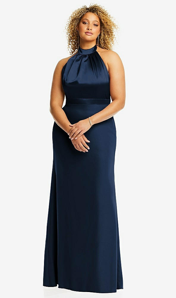 Front View - Midnight Navy & Midnight Navy High-Neck Open-Back Maxi Dress with Scarf Tie