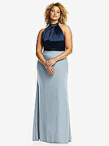 Front View Thumbnail - Mist & Midnight Navy High-Neck Open-Back Maxi Dress with Scarf Tie