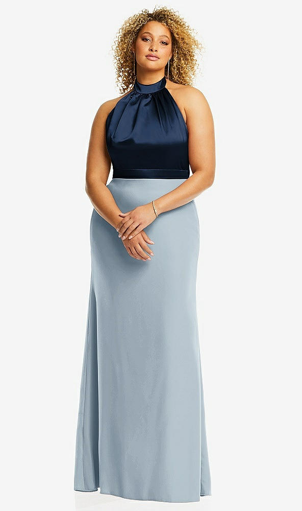 Front View - Mist & Midnight Navy High-Neck Open-Back Maxi Dress with Scarf Tie