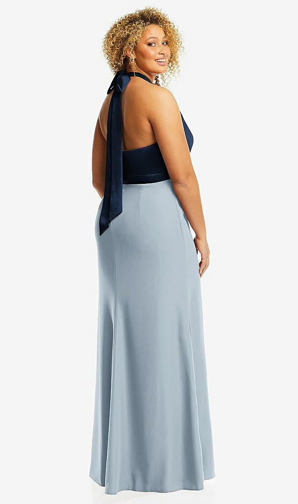Back View - Mist & Midnight Navy High-Neck Open-Back Maxi Dress with Scarf Tie