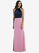 Alt View 1 Thumbnail - Powder Pink & Midnight Navy High-Neck Open-Back Maxi Dress with Scarf Tie