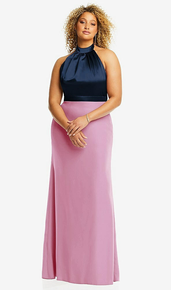 Front View - Powder Pink & Midnight Navy High-Neck Open-Back Maxi Dress with Scarf Tie