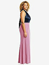 Side View Thumbnail - Powder Pink & Midnight Navy High-Neck Open-Back Maxi Dress with Scarf Tie