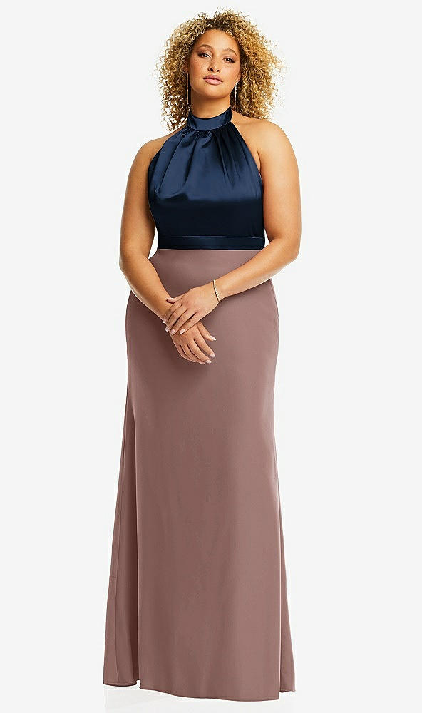 Front View - Sienna & Midnight Navy High-Neck Open-Back Maxi Dress with Scarf Tie