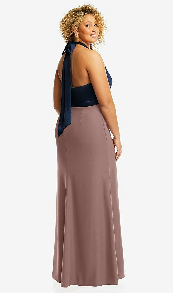 Back View - Sienna & Midnight Navy High-Neck Open-Back Maxi Dress with Scarf Tie