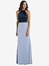 Alt View 1 Thumbnail - Sky Blue & Midnight Navy High-Neck Open-Back Maxi Dress with Scarf Tie