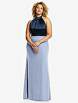 Front View Thumbnail - Sky Blue & Midnight Navy High-Neck Open-Back Maxi Dress with Scarf Tie