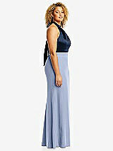 Side View Thumbnail - Sky Blue & Midnight Navy High-Neck Open-Back Maxi Dress with Scarf Tie