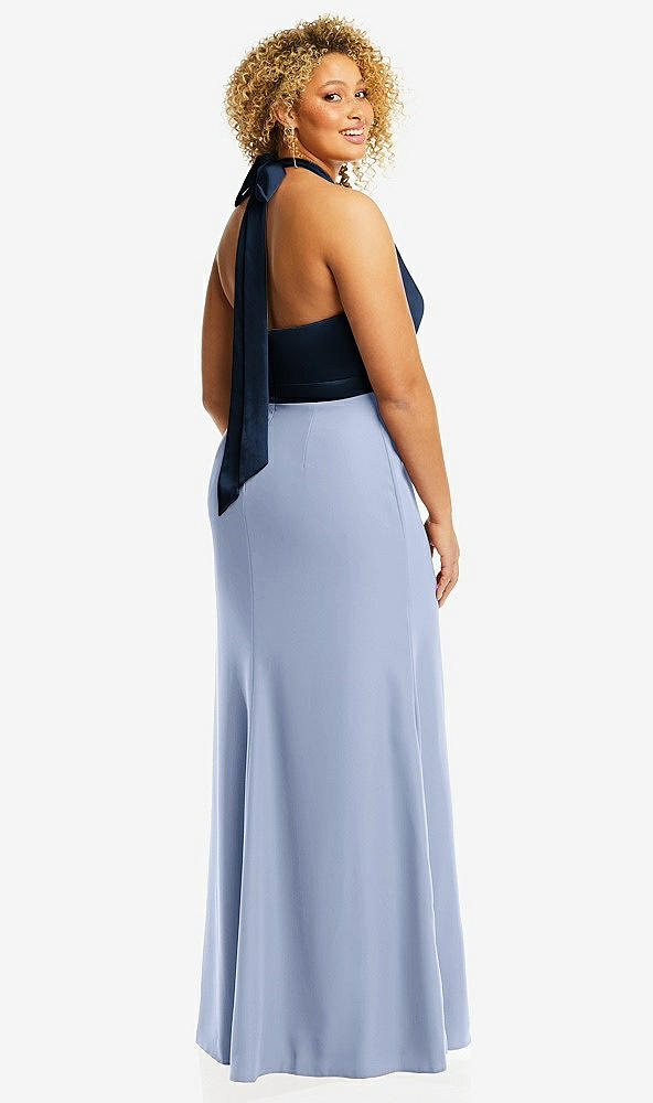 Back View - Sky Blue & Midnight Navy High-Neck Open-Back Maxi Dress with Scarf Tie