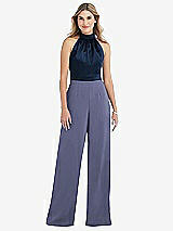 Side View Thumbnail - French Blue & Midnight Navy High-Neck Open-Back Jumpsuit with Scarf Tie