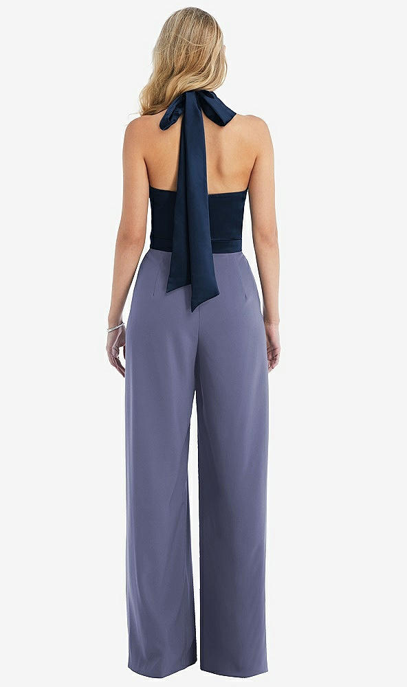 Back View - French Blue & Midnight Navy High-Neck Open-Back Jumpsuit with Scarf Tie