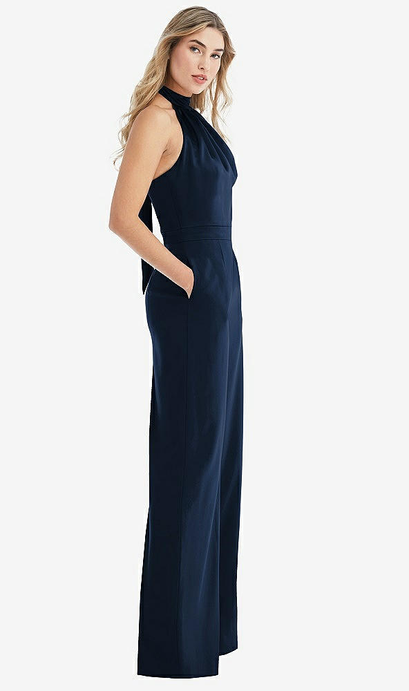 Front View - Midnight Navy & Midnight Navy High-Neck Open-Back Jumpsuit with Scarf Tie