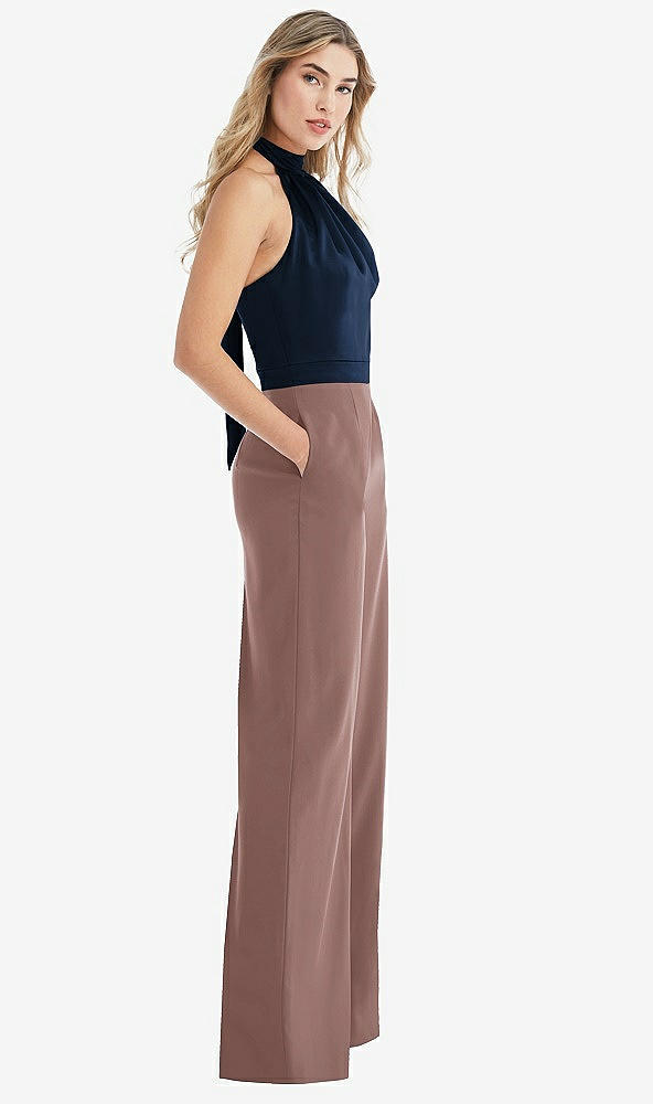 Front View - Sienna & Midnight Navy High-Neck Open-Back Jumpsuit with Scarf Tie